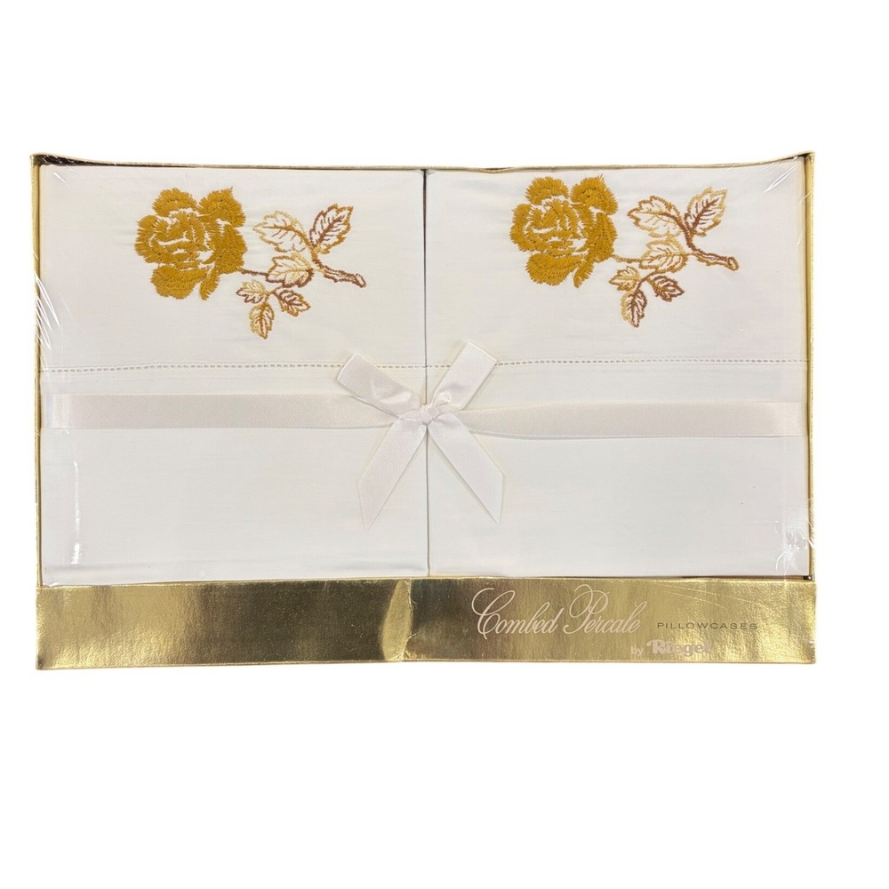 Vintage Riegel Combed Percale Pillowcase Set White Gold Rose Embroidered 2pc NIB